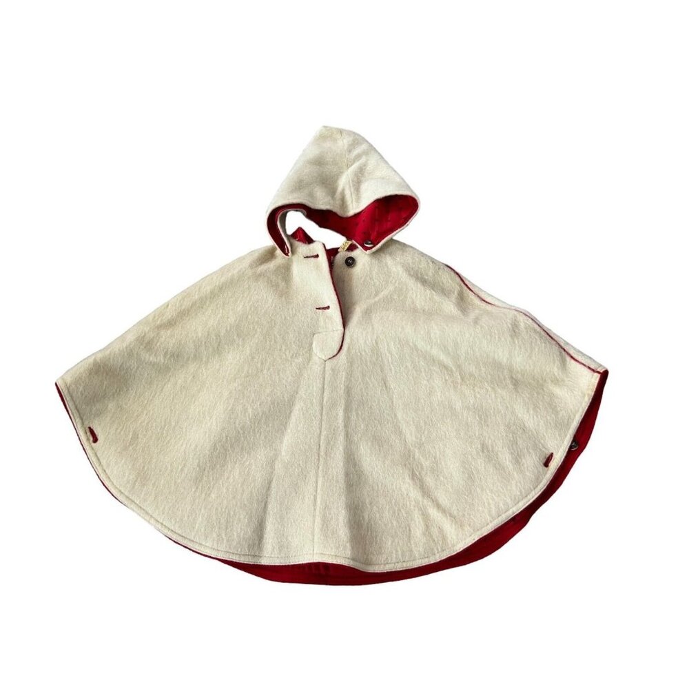 Vintage Facona Kids Girls Poncho Cape Coat White Red Detachable Hood Vtg